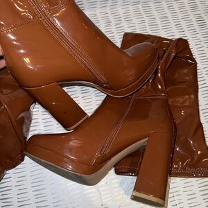 Brown Patent Leather Knee-High Boots
